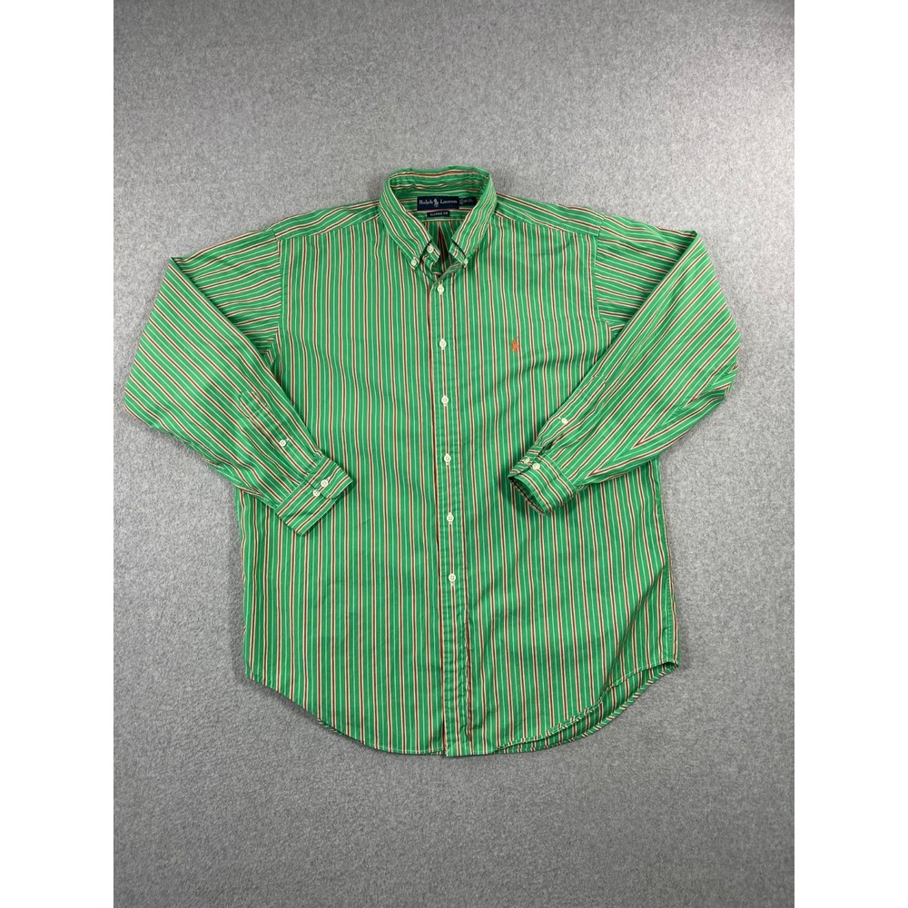 Vintage Polo Ralph Lauren Button Down Shirt Mens L Green Stripe Classic Fit